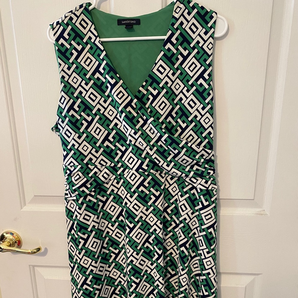 Lands' End Green, White & Navy Geometric Sleeveless Wrap Dress